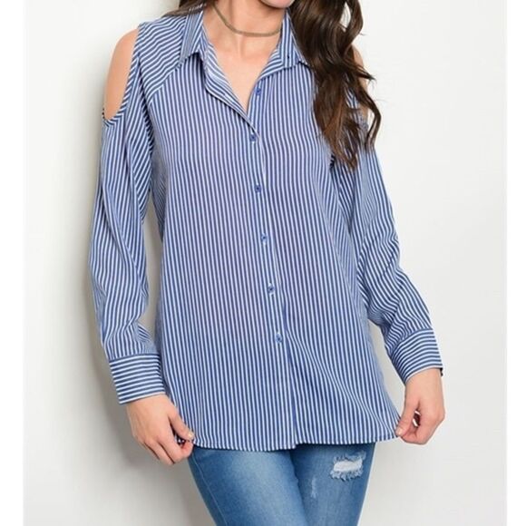 Kendal + Kylie Cold Shoulder Striped Button Down NWT - Picture 1 of 6